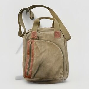 Cargoit Khaki Canvas Cross Body Messenger Bag Laptop Pad Leather‎ Accent